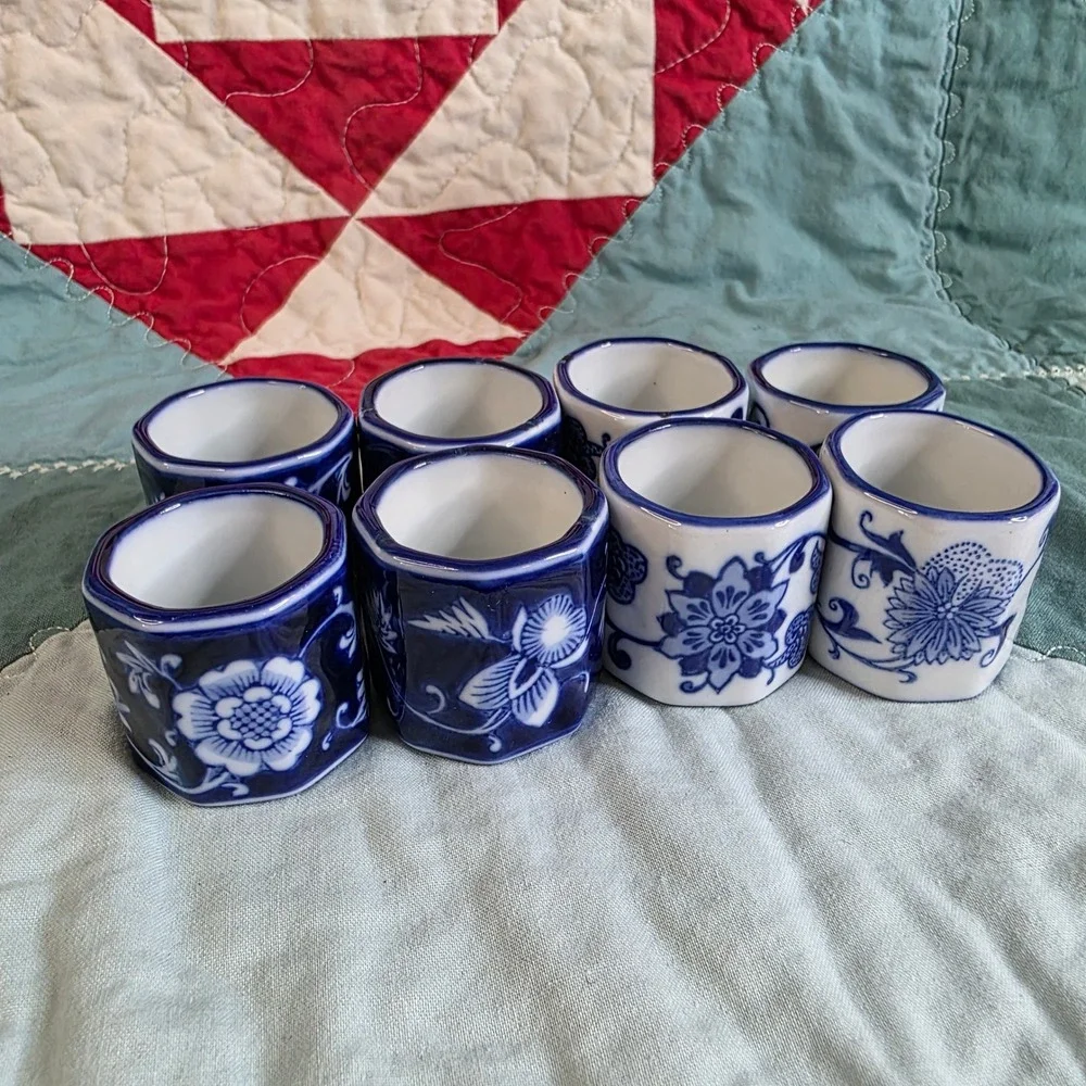 Blue and White Porcelain Floral Napkin Rings Set of 8 Chinoiserie Style